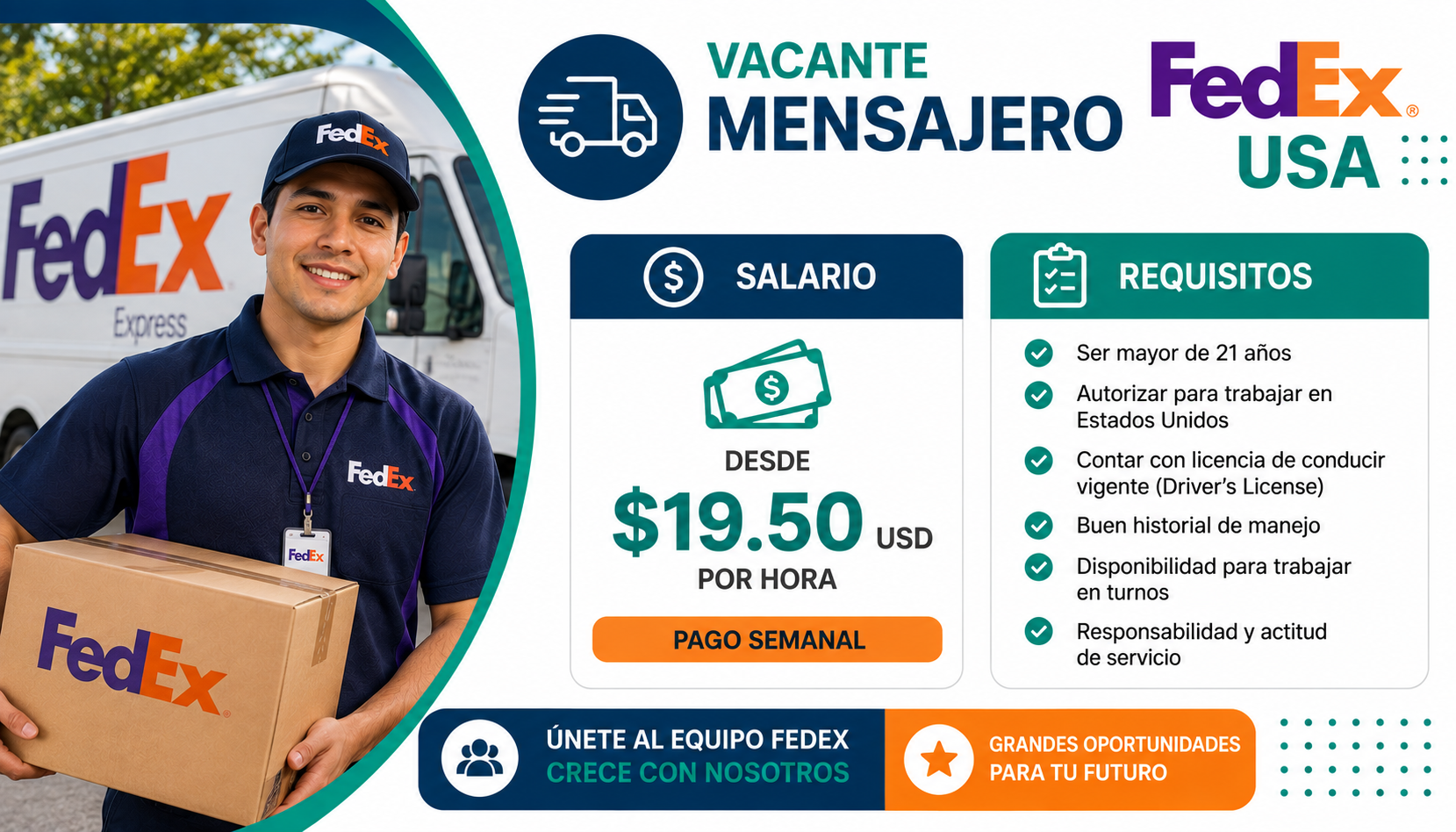 Vacante Mensajero FedEx USA